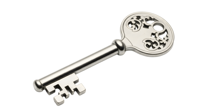 Unlocking secrets: a close up of an ornate silver key on a black background for security on transparent background