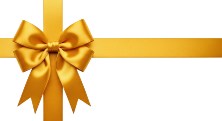 Elegant golden satin ribbon tied in a perfect bow crossing horizontally and vertically, isolated on transparent background for gift wrapping or decoration