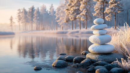 In Winter, carefully balanced stones sit along a cold river's edge. Snow frosts the trees in the distance. The water is still, reflecting the soft light of the morning