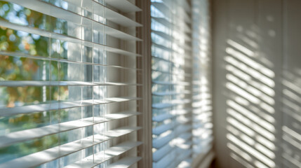 Sunlight streaming through white horizontal window blinds casting striped light and shadow patterns on the adjacent wall in a cozy room interior setting