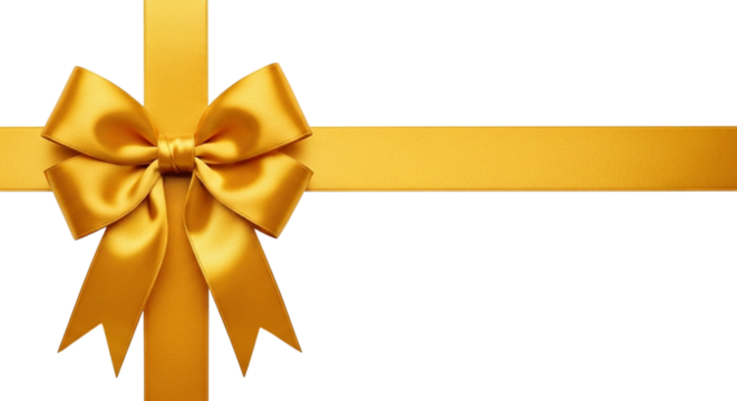 Elegant golden satin ribbon tied in a perfect bow crossing horizontally and vertically, isolated on transparent background for gift wrapping or decoration