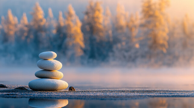A balanced stack of smooth, white stones sits on a frost-covered shoreline. A calm lake stretches into the background, with soft light illuminating the blurred, snowy trees