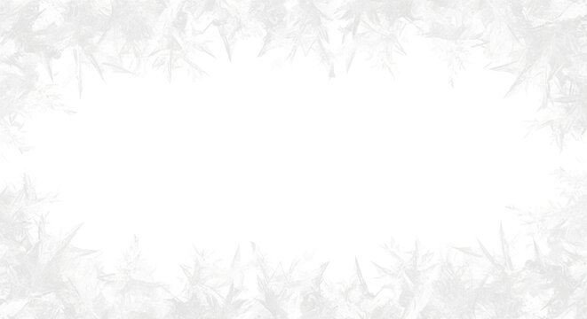Abstract white frost crystal border frame design element with empty center space for text or copy, perfect for winter holiday greeting card or background isolated on transparent background