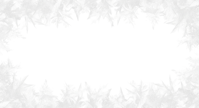 Abstract white frost crystal border frame design element with empty center space for text or copy, perfect for winter holiday greeting card or background isolated on transparent background