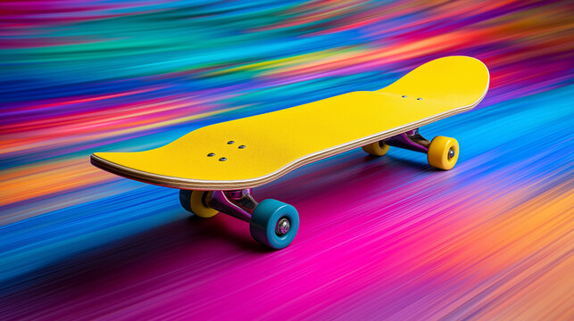 ollie. Yellow skateboard captured at a dynamic angle with motion blur, placed on a vibrant abstract background. event key visuals, club posters, designed for fitness apps and gym onboarding.