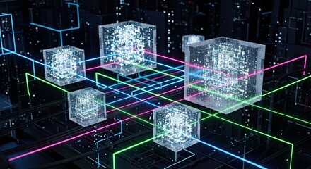 Modern abstract network design with glowing cubes and vibrant laser beams for futuristic concepts and digital innovations in technology, data visualization, AI