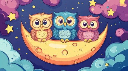 Cute owls on crescent moon at night