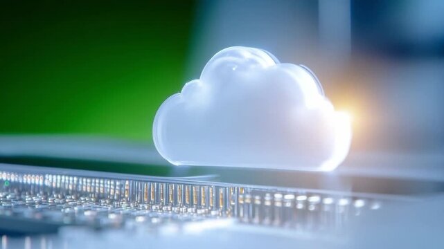 Cloud Technology and Futuristic: A luminous cloud hovers above a computer circuit, symbolizing technological advancement, innovation, and the digital era.