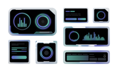 Futuristic digital interface elements with glowing graphs and circles isolated on transparent background