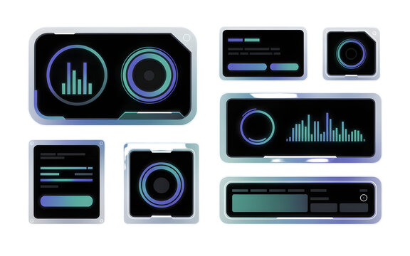 Futuristic digital interface elements with glowing graphs and circles isolated on transparent background