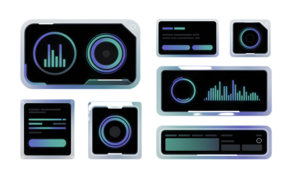 Futuristic digital interface elements with glowing graphs and circles isolated on transparent background
