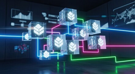 Innovative blockchain network concept with glowing cubes and neon lines, representing secure data transfer and cutting-edge technology in a vibrant, modern design