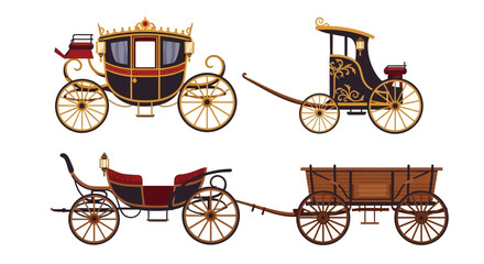 Naklejka premium Fairytale royal coach and classic Victorian carriages, a collection of antique horse-drawn buggies illustration set
