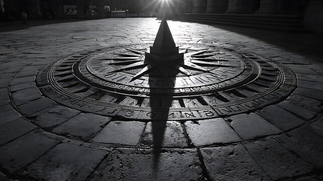 A striking monochrome image of an ancient sundial, its gnomon casting a long shadow across the weathered stone surface, illuminated by a bright light source in the background