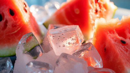 Close-up of fresh watermelon slices and melting ice cubes with water droplets in bright natural light