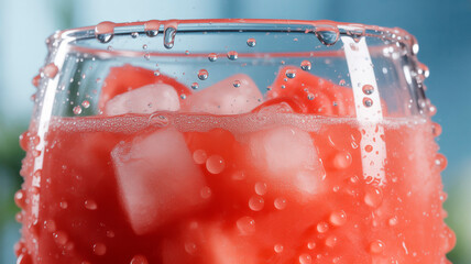 Glass of fresh watermelon juice with ice cubes and condensation on the surface in close-up