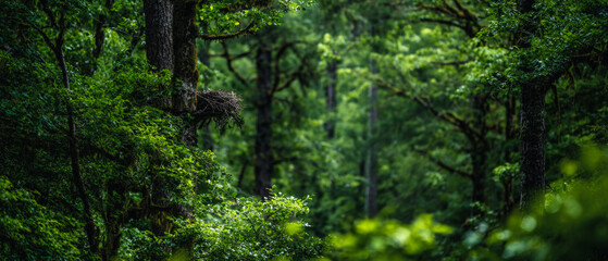 Obraz premium Dense forest view featuring lush green foliage and tall trees in a natural environment scene