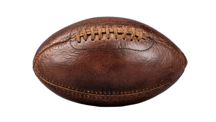 Old leather football with detailed stitching and laces against a black background