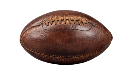 Old leather football with detailed stitching and laces against a black background