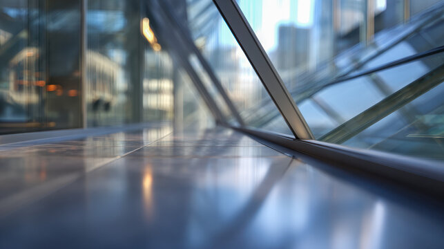 Modern glass architecture with reflective surfaces and angled metal beams creating sleek lines and dynamic perspectives in an urban office building interior