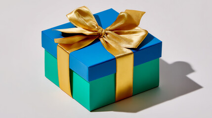 Vibrant gift box wrapped with a shiny golden ribbon and bow casting a shadow on a smooth white surface, ideal for celebrations and special occasions