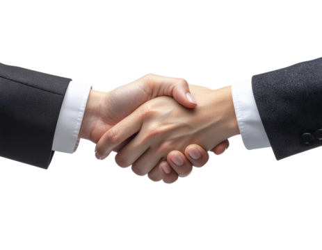 Confident businesswoman shaking hands for a corporate deal, realistic hand and finger detail, isolated on a transparent background, PNG