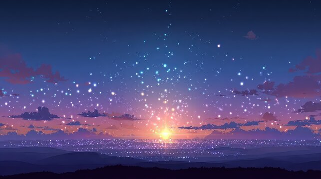 Pixelated Sunset Over Cityscape with Starry Sky and Clouds in Pastel Hues - Powered by Adobe