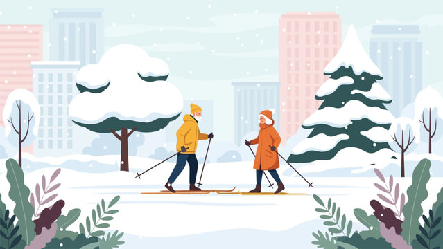 Senior Couple Cross Country Skiing in Snowy City Park Vector Illustration