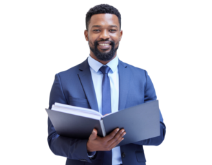 Businessman holding an open folder with organized corporate documents, isolated on a transparent background, PNG
