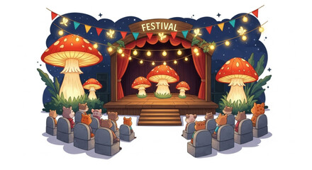 A magical night festival with glowing mushroom lanterns, firefly string lights, and a wooden stage. Tiny animal spectators gather for this celebratory event illustration, perfect for stickers.