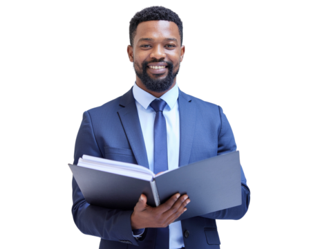 Businessman holding an open folder with organized corporate documents, isolated on a transparent background, PNG