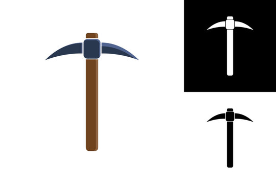 Stylized pickaxe illustration featuring a sturdy wooden handle and sharp metal head, representing a classic tool for mining, excavation, and construction work, suitable for graphic design projects
