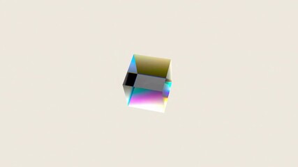 Rotating glass cube with iridescent prismatic colors spinning on a beige background featuring holographic refraction for abstract geometric and modern minimalist 3D designs - Powered by Adobe