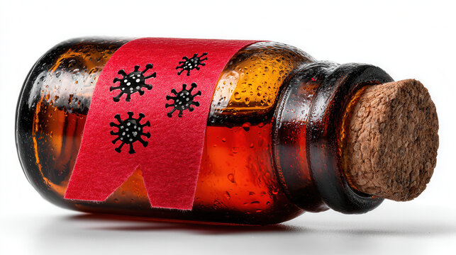 Brown glass bottle with virus label and cork on white background