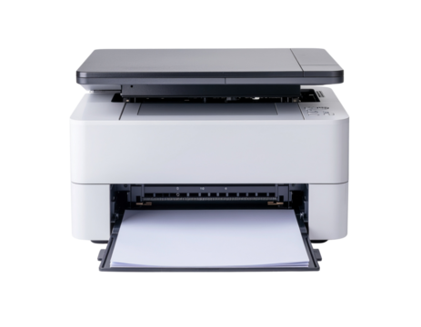 High-detail office printer with paper tray and realistic texture, isolated on a transparent background, PNG