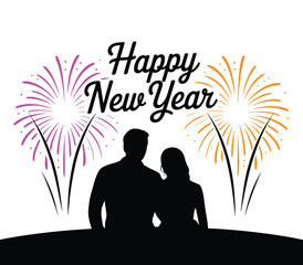 Happy new year celebration with a silhouetted couple watching festive fireworks