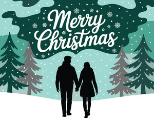 Merry christmas winter illustration, silhouette couple holding hands, walking in falling snow
