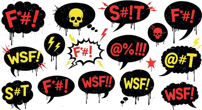 Censored expletive speech bubbles expressing anger and stress