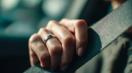 A close up view of a hand holding a seatbelt with a ring on the finger in a vehicle interior