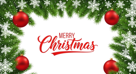 Merry christmas greeting card design with festive fir tree border, red ornament baubles, and white snowflake illustration on a clean transparent background