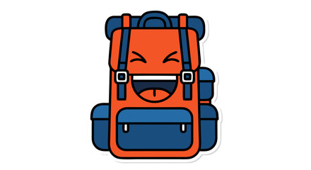 Fototapeta premium A cheerful orange and blue cartoon backpack with a happy smiling face, featuring straps and pockets, on a white background.
