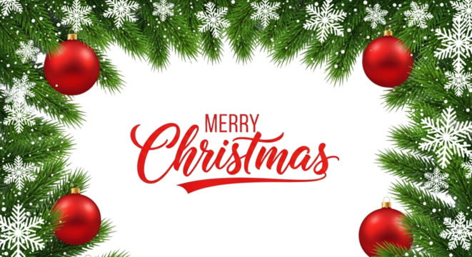 Merry christmas greeting card design with festive fir tree border, red ornament baubles, and white snowflake illustration on a clean transparent background