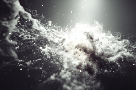 Abstract neural web structure with glowing particle connections forming an intricate AI cloud network in soft monochrome lighting