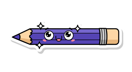 Cute purple pencil with a happy face and sparkling details, cartoon style sticker illustration on a white background.