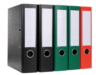 Collection of premium office binders with labels and metallic rings, isolated on a transparent background, PNG