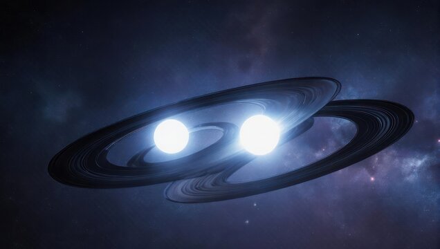 Two bright stars orbiting a ringed planet in deep space with nebulae.