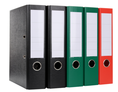 Collection of premium office binders with labels and metallic rings, isolated on a transparent background, PNG