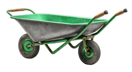 Single-wheeled green metal garden cart with wooden handles and black tires