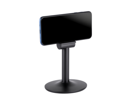 Modern office smartphone stand with phone displaying black, isolated on a transparent background, PNG