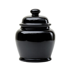Glossy black ceramic jar with lid, pedestal base, and decorative rim